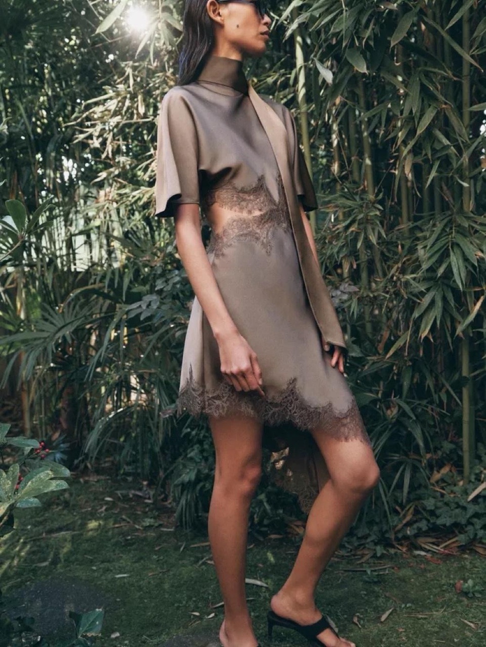 Zara Taupe Lace-Trim High-Neck Mini Dress